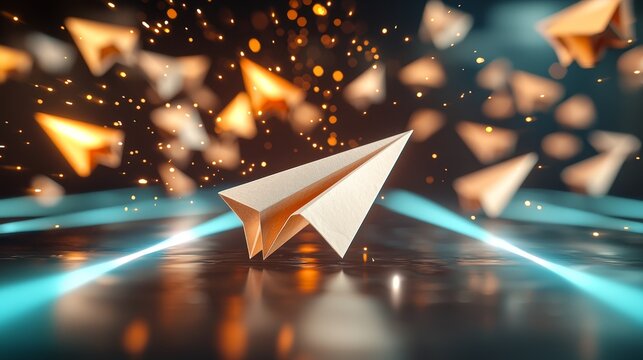 Artistic motion blur of paper airplanes racing through the air, with a single airplane in clear focus leading the path for competitive dominance