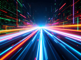 Futuristic cityscape with glowing lights and advanced technology beams.