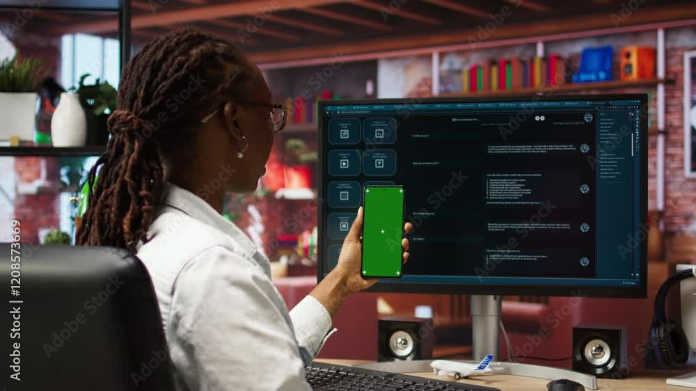 Aufkleber woman uses green screen phone, doing videocall in front of pc screen with ai llm chatbot answering p