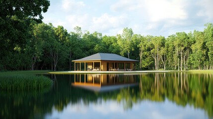 Obraz premium Lakeside Cabin Nestled Among Lush Green Trees