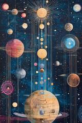 A celestial panorama capturing the grandeur the solar system with planets, moons, and glowing celestial phenomena.