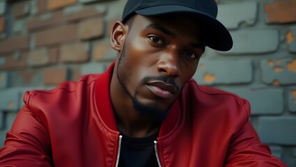 Obraz premium Confident UK rapper in red jacket, embodies urban style and ambition, suitable for music, fashion, or cultural media content
