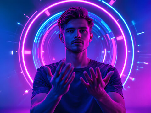 Man in neon-lit prayer pose surrounded by futuristic digital rings.
