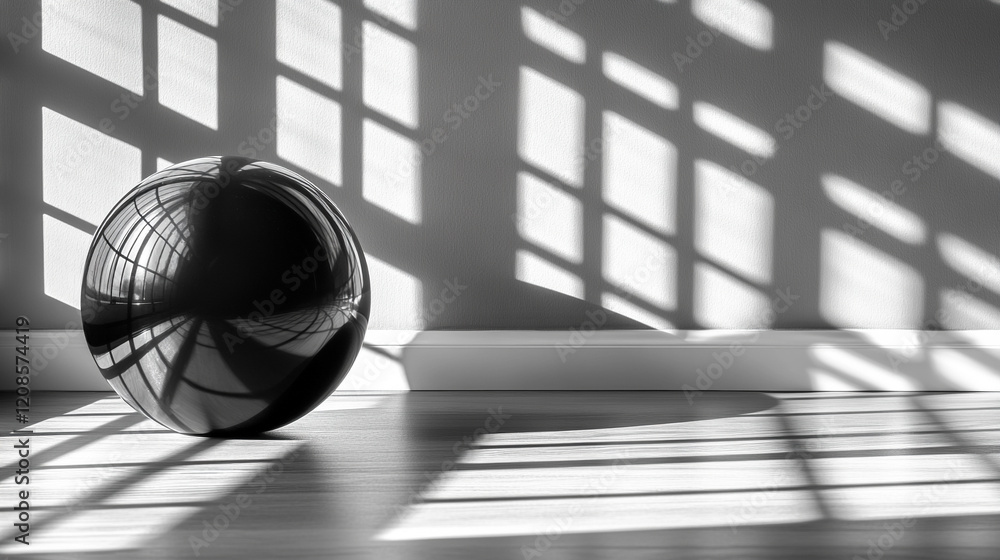 Poster a solitary sphere of light casting a gradient shadow across a smooth surface evokes themes of order 