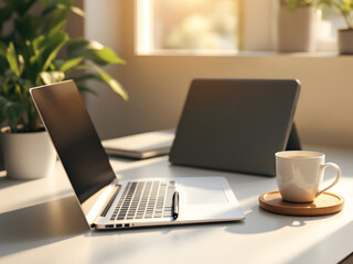 Fototapeta premium Laptop on wooden desk 