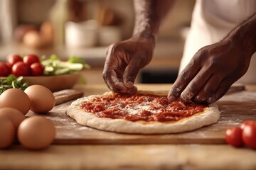 Close-up shot of an African man adding pepper to pizza dough, with a woman in the background cutting vegetables.