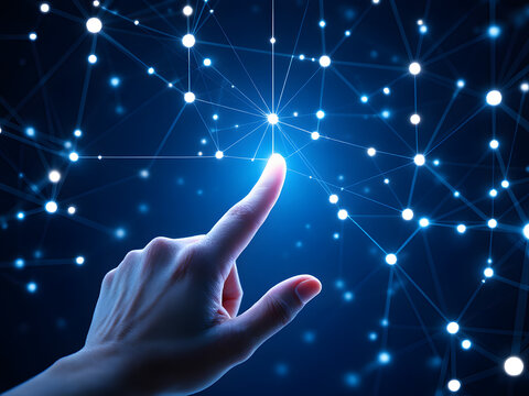 Futuristic digital network with glowing nodes, symbolizing advanced technology and global connectivity.
