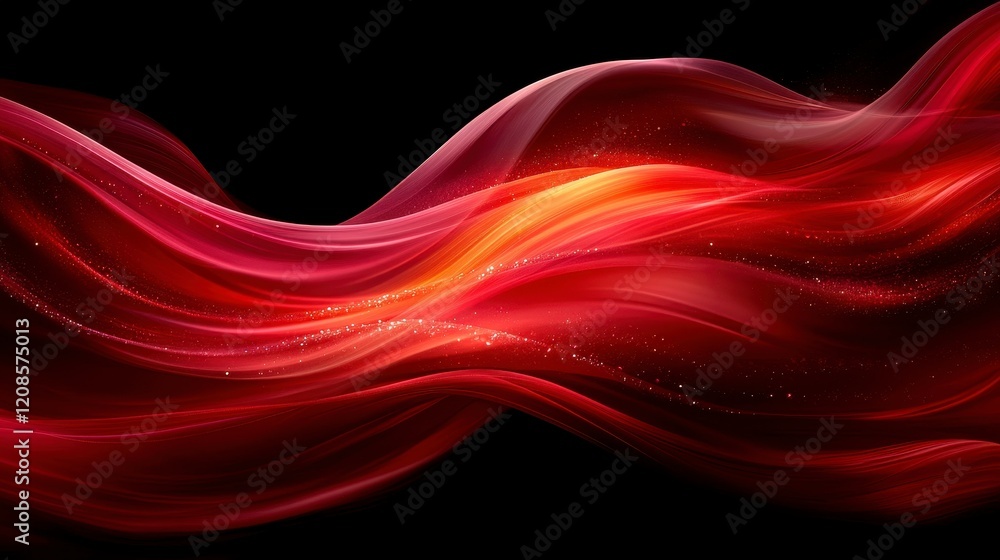Poster abstract red and orange wave flowing on black background with sparkles.