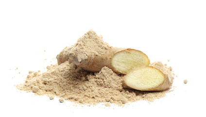 Ginger root slice and pile powder isolated on white, side view