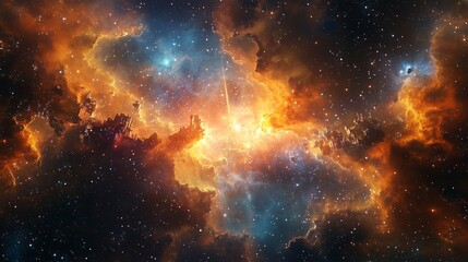 A futuristic cosmic city floating amidst vibrant nebulae, illuminated by beams light from distant stars.