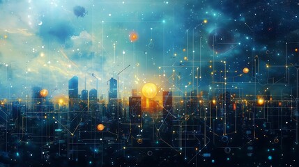 Fototapeta premium A galactic cityscape floating in the cosmos, surrounded by glowing energy fields and orbiting moons.