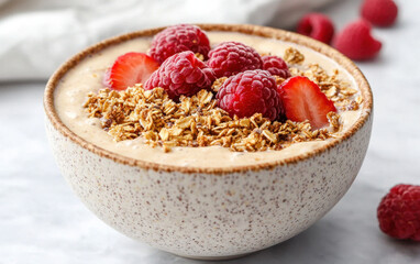 creamy smoothie bowl topped with fresh raspberries, strawberries, and crunchy granola, served in speckled ceramic bowl