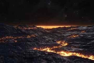 A highly detailed astrophotography-inspired scene an alien planet's surface, with a glowing horizon and galaxies in the sky.