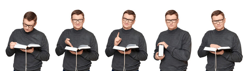 Set of several portraits of man with book over transparent background