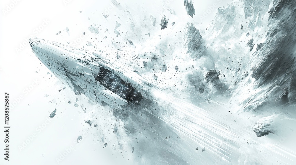 Poster abstract spaceship breaking apart in space, debris field.