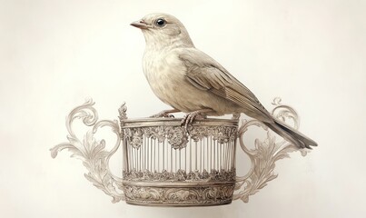 Ornate birdcage; elegant bird perched atop.