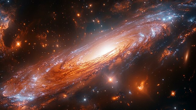 A spiral galaxy with vivid, iridescent colors, its arms trailing cosmic dust and planets revolving around the core. 271