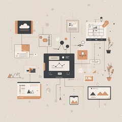 Illustration of digital transformation abstract devices flowing charts muted tones with minimalistic characters