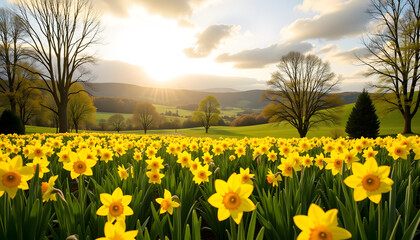Fototapeta premium Daffodils blooming in a scenic green field at sunset