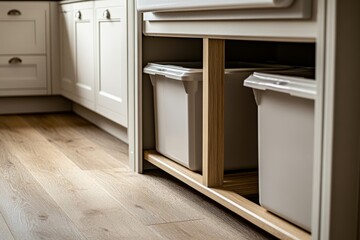 In a well-lit, contemporary kitchen, family members team up to categorize plastic, paper, and metal waste into designated recycling bins, showcasing their dedication to an eco-friendly lifestyle and