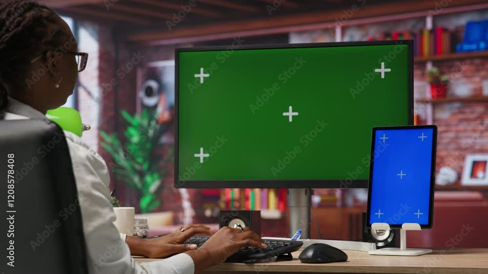 Poster remote employee in home office using green screen pc and mockup tablet to work on job tasks. telewor
