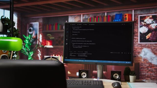 Code typed into PC entering commands and running script, panning shot of monitor on desk. Computer display in apartment used for fixing errors in application and implementing features
