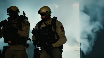 Military personnel emerging through thick smoke, navigating dangerous environment with tactical gear and weapons, showcasing intense combat readiness