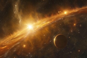 Obraz premium A stunning galactic panorama with vibrant nebulae, glowing stars, and orbiting planets, creating a harmonious cosmic masterpiece.