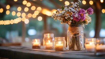 Rustic wedding decor with mason jar candles and wood