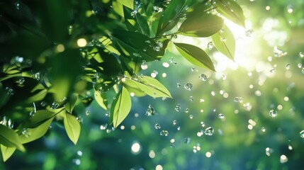 Obraz premium Sunlight filtering through lush green leaves with dew drops sparkling in a serene natural setting
