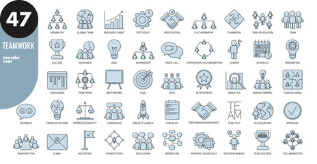Teamwork, business, company, startup thin line icons with light blue fill. Team building, human resources, cooperation, team work, task delegation, workflow, target. Outline icons, vector illustration