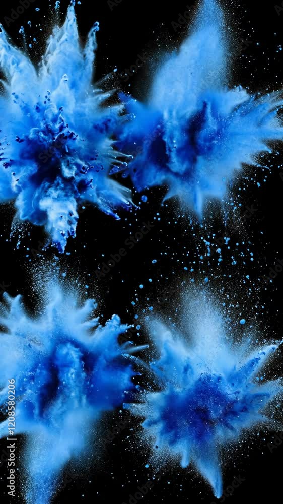 Poster blue paint explosions create dynamic effects against a black background in an artistic display