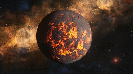 A young planet in the early stages formation, its molten surface glowing under a star-filled cosmic sky with swirling galaxies and a vibrant nebula.