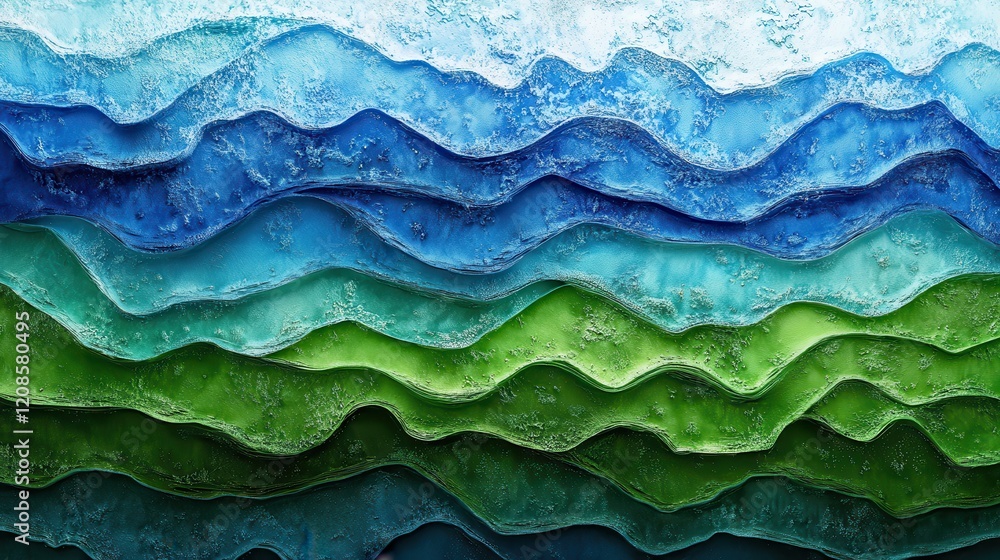 Poster abstract waves of blue and green layers in textured artistic pattern