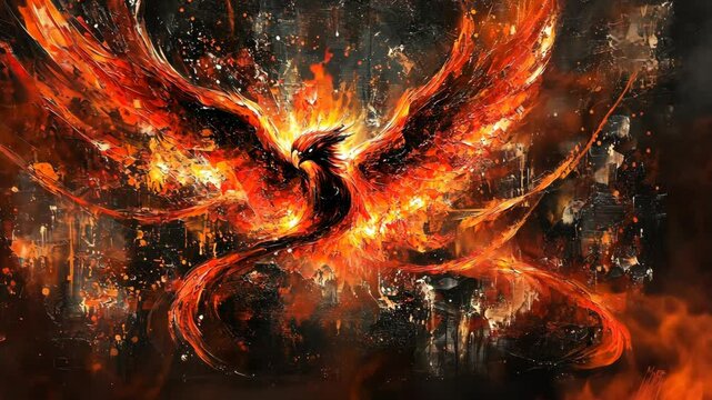 Majestic phoenix rises from the ashes in a vibrant explosion of flames and color, symbolizing rebirth and renewal