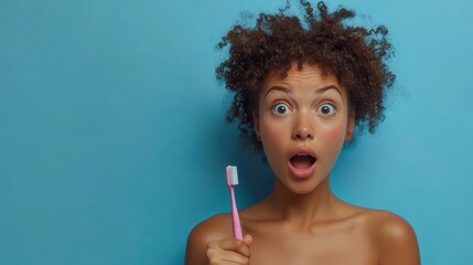 Fototapeta premium Surprised young female holding a pink toothbrush against blue background