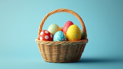 Colorful easter eggs in a wicker basket against a light blue background