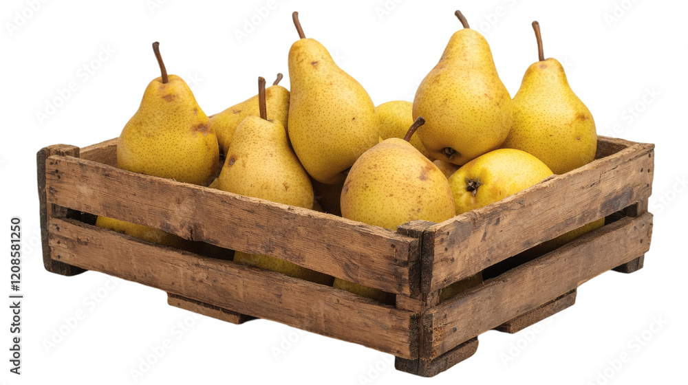Aufkleber isolated of pears placed inside a rustic wooden crate with a natural aesthetic on a plain white back
