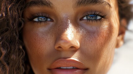 Close-up portrait of a young female with freckles and natural curly hair