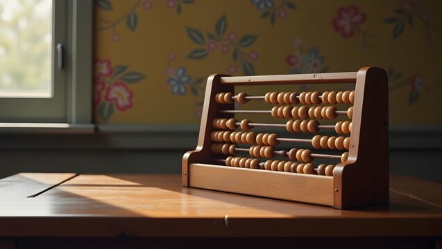 Vintage abacus on wooden table, a symbol of timeless learning and calculation - suitable for educational materials, financial blogs, or nostalgic themed events