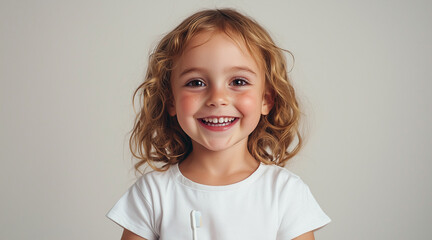 A beautiful 5 year old child wearing a white tshirt, smiling happily, holding a toothbrush, dental photography, portrait, white studio background