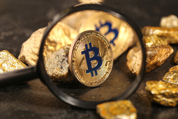 Bitcoin and gold nuggets visible through magnifier
