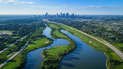Fototapeta premium Aerial view of houston city skyline with green park and river