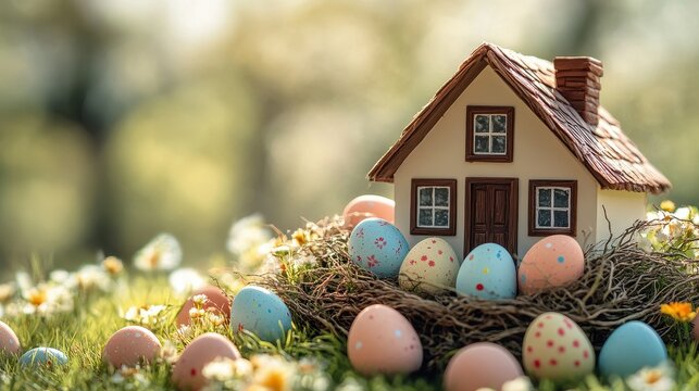 Charming easter scene with house in nest and colorful eggs for holiday decor