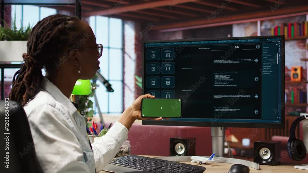 Poster woman seated at desk using isolated screen mobile phone to follow tutorial on ai llm chatbot softwar