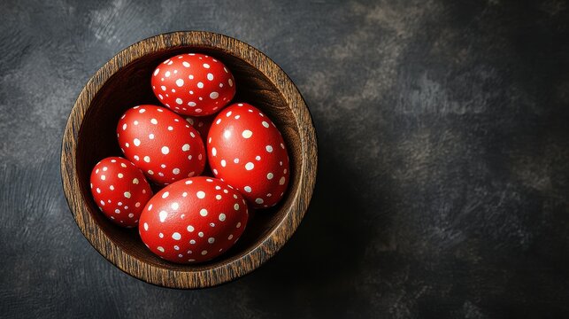 Rustic easter decor with red painted eggs in a wooden bowl