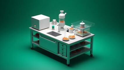 Isometric molecular gastronomy workstation showcases precision food science, representing innovative culinary tech, suitable for food industry blogs or tech magazines