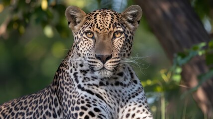 Obraz premium A stunning close-up of a leopard showcasing its unique spots and piercing amber eyes, surrounded by lush greenery, exuding grace and strength.