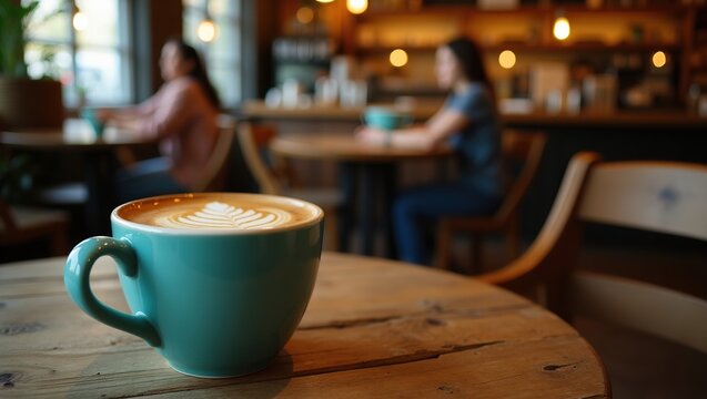 Latte art in a teal cup at a coffee shop