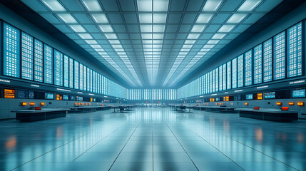 Futuristic Control Room Interior with Glowing Digital Screens and Reflective Floor